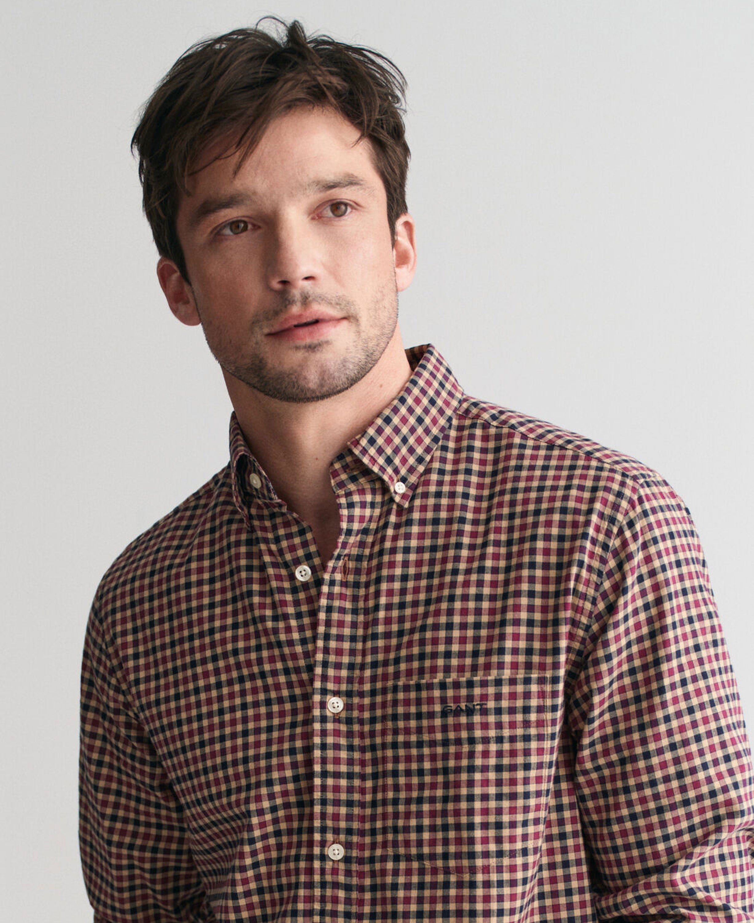 Regular Fit Light Twill Gingham Shirt - Wine Red