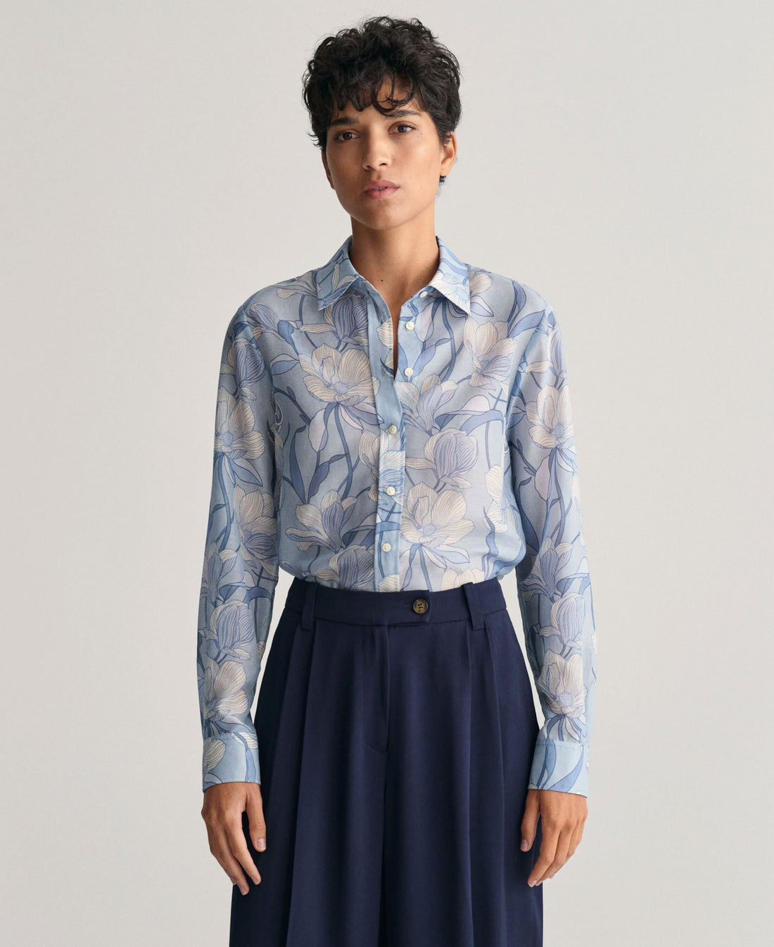 Regular Fit Magnolia Print Cotton Silk Shirt - Dove Blue
