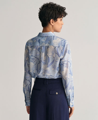 Regular Fit Magnolia Print Cotton Silk Shirt - Dove Blue