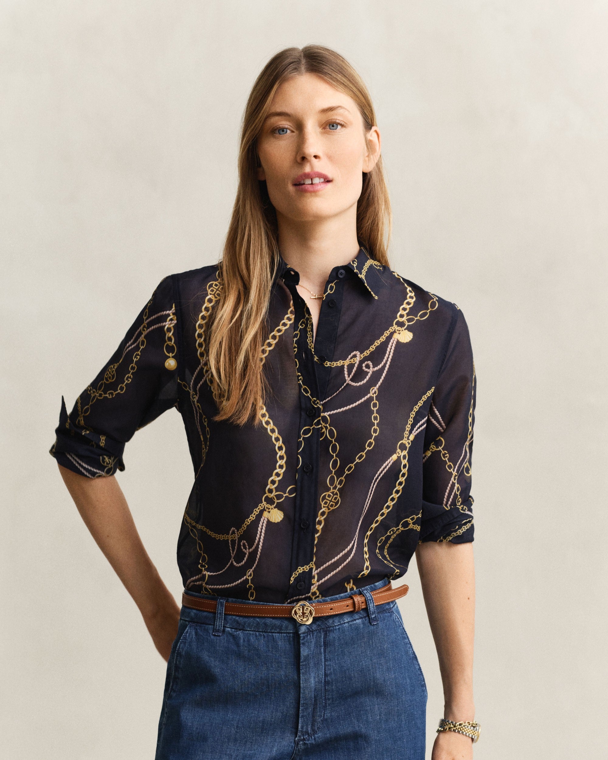 Regular Printed Cotton Silk Long Sleeve Shirt - Evening Blue
