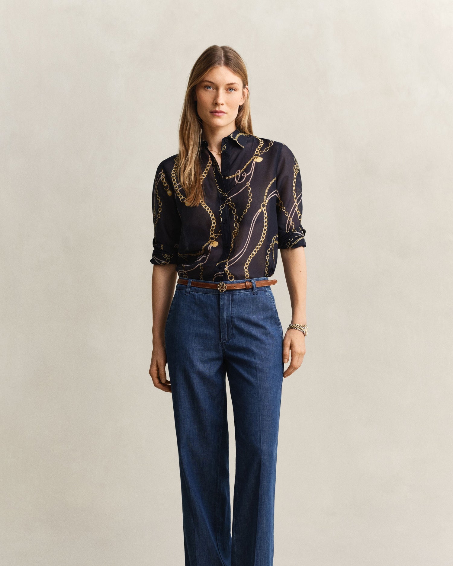 Regular Printed Cotton Silk Long Sleeve Shirt - Evening Blue