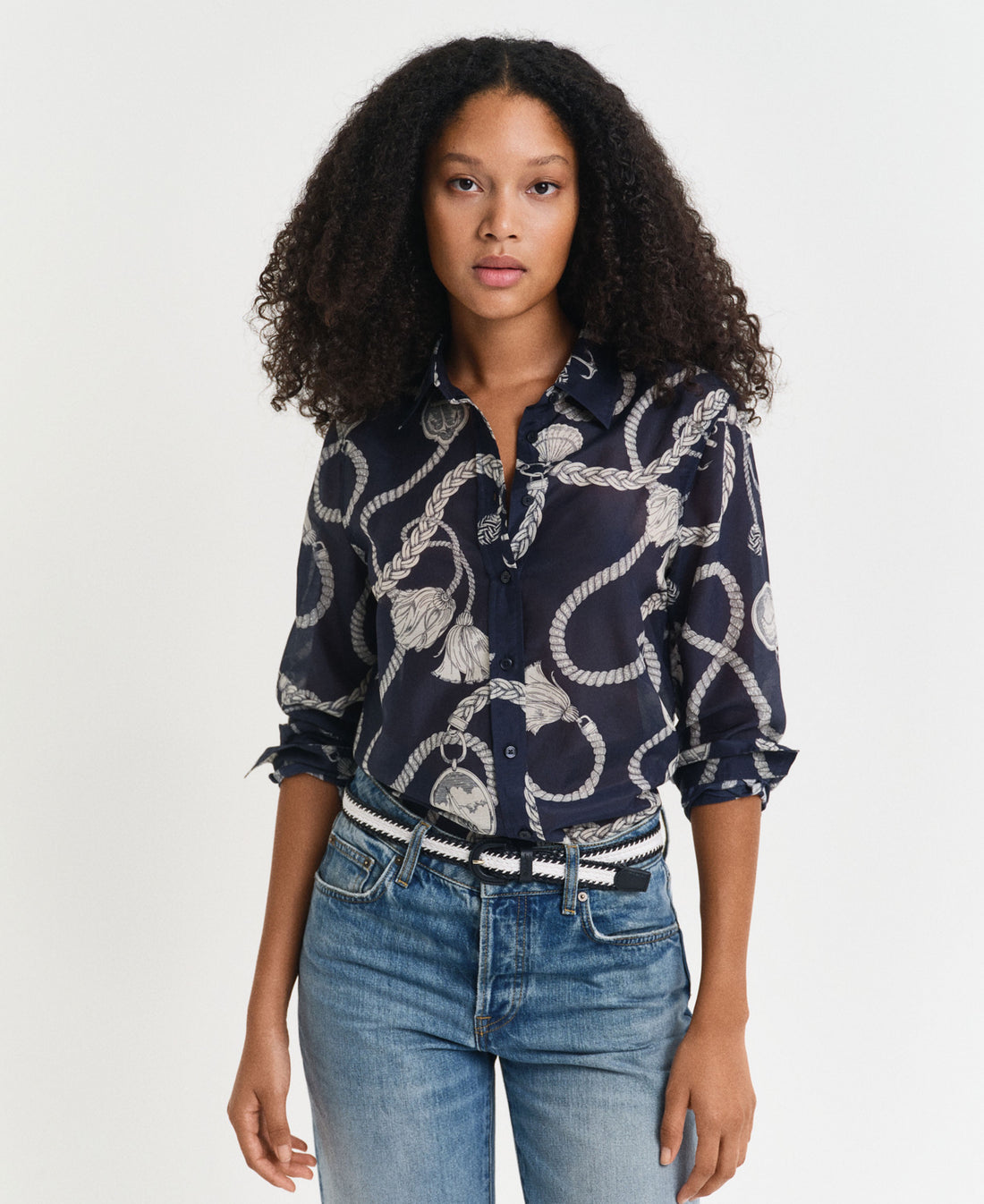 Regular Fit Sailing Print Cotton Silk Shirt - Evening Blue