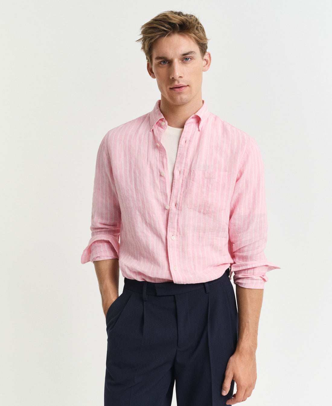 Regular Fit Linen Stripe Shirt - Geranium Pink