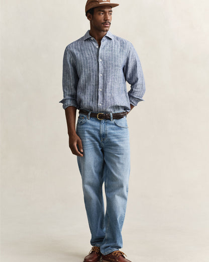 Reg Linen Stripe Shirt - Persian Blue