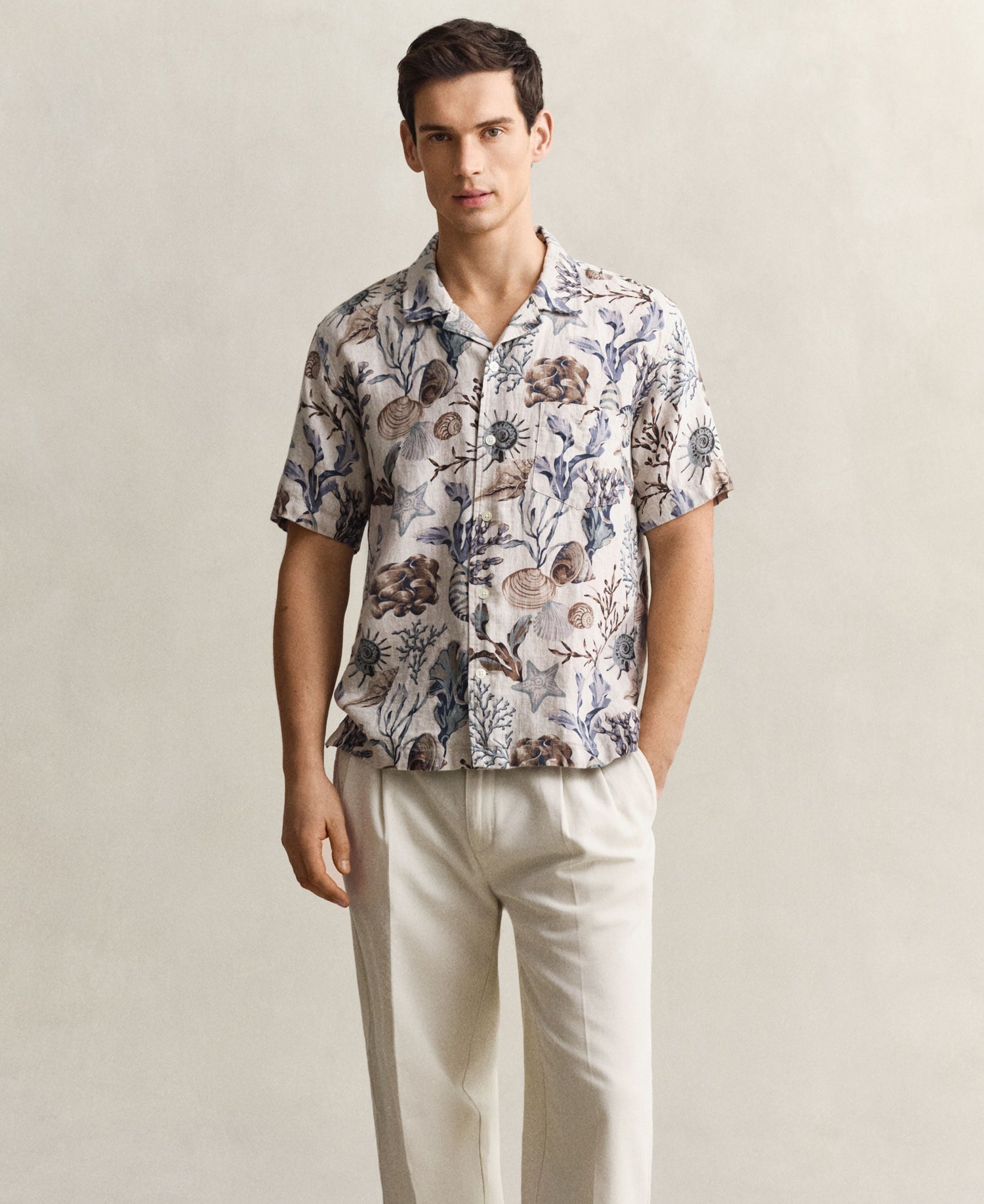 Regular All Over Print Camp Collar Shirt - Oat Beige