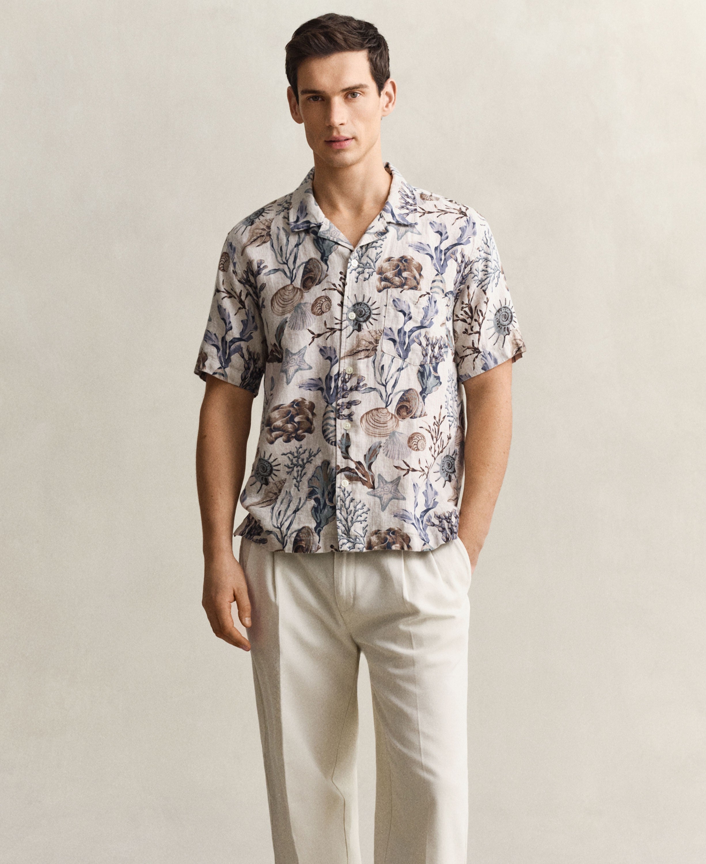 Regular All Over Print Camp Collar Shirt - Oat Beige