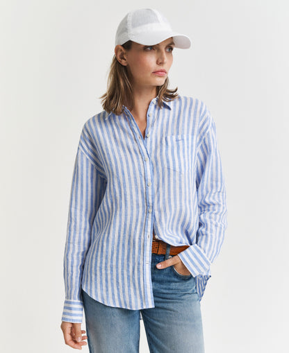 Relaxed Fit Striped Linen Shirt - Perfect Blue