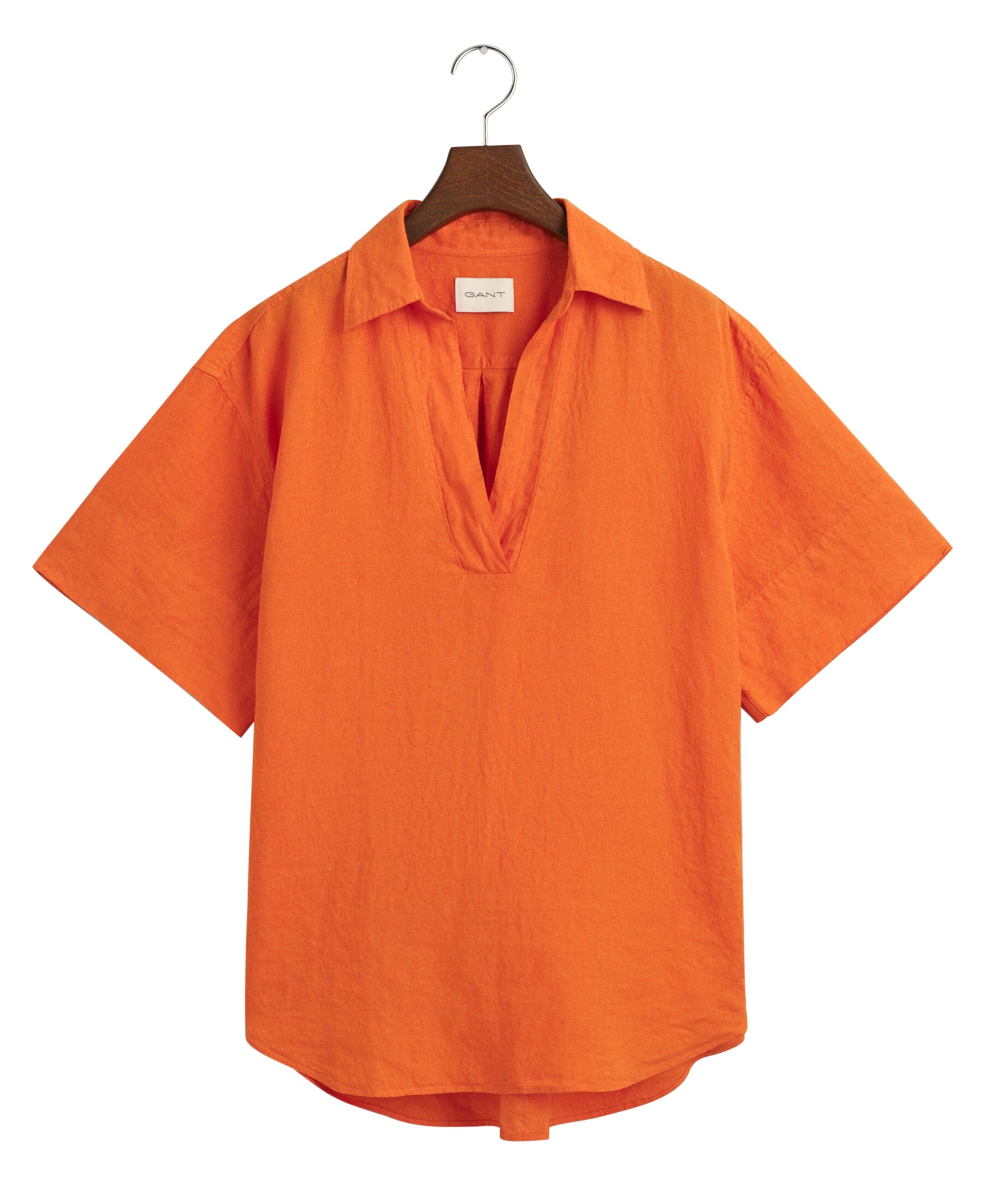 Relaxed Fit Linen Popover Short Sleeve Shirt - Pumpkin Orange