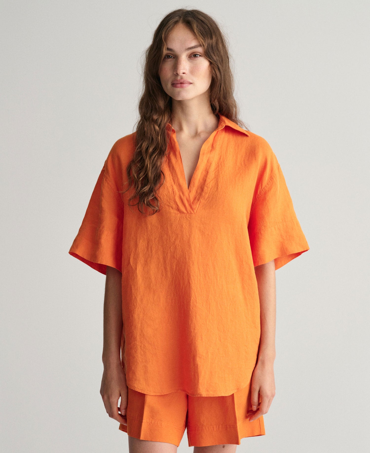 Relaxed Fit Linen Popover Short Sleeve Shirt - Pumpkin Orange