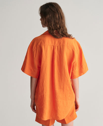 Relaxed Fit Linen Popover Short Sleeve Shirt - Pumpkin Orange