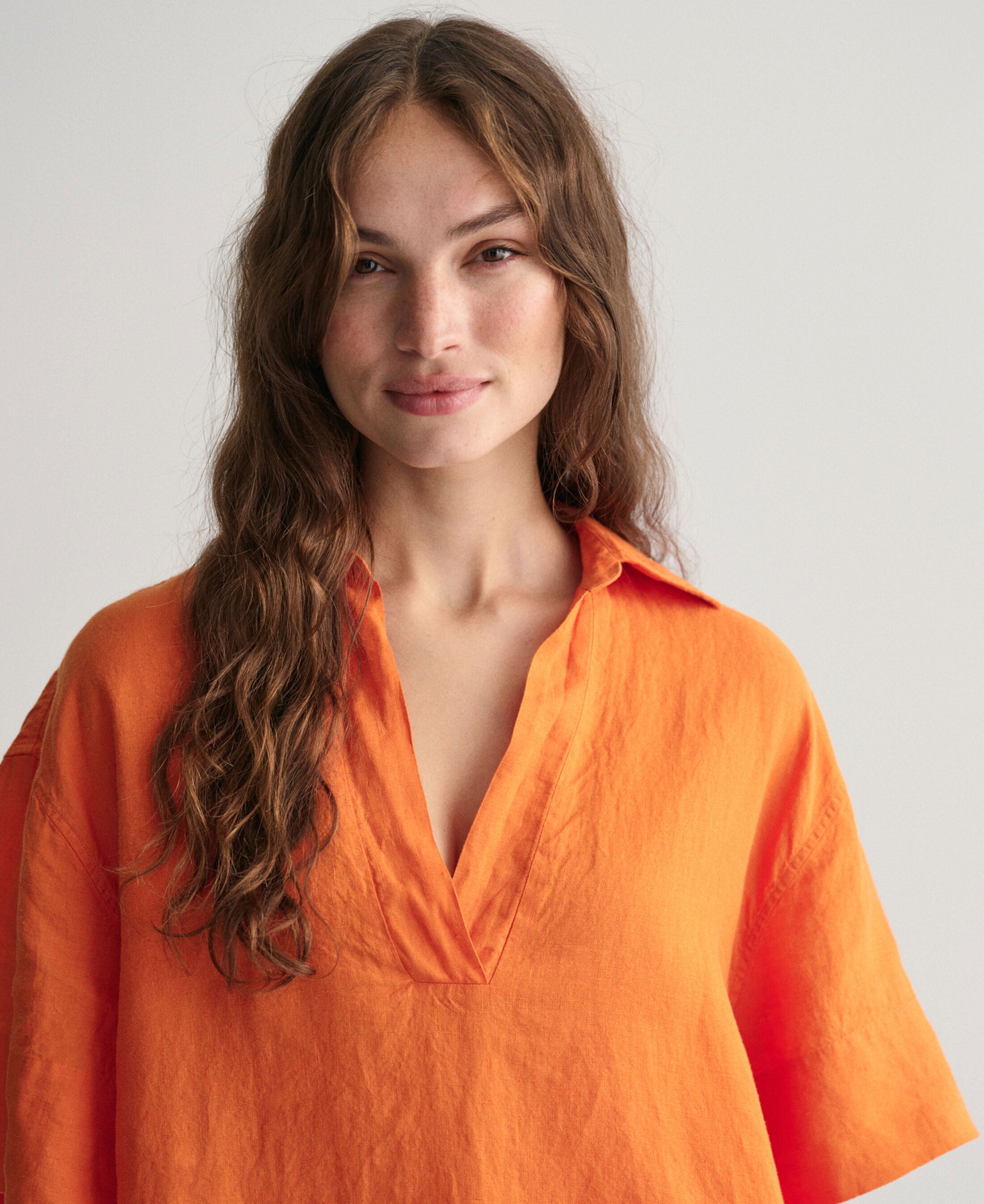 Relaxed Fit Linen Popover Short Sleeve Shirt - Pumpkin Orange