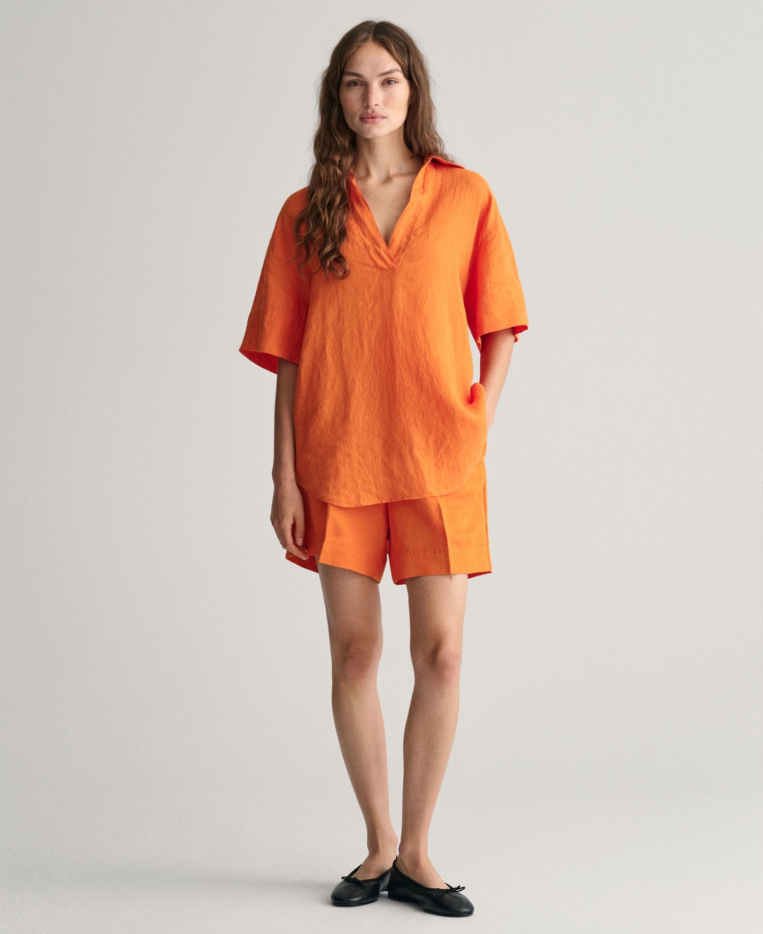 Relaxed Fit Linen Popover Short Sleeve Shirt - Pumpkin Orange