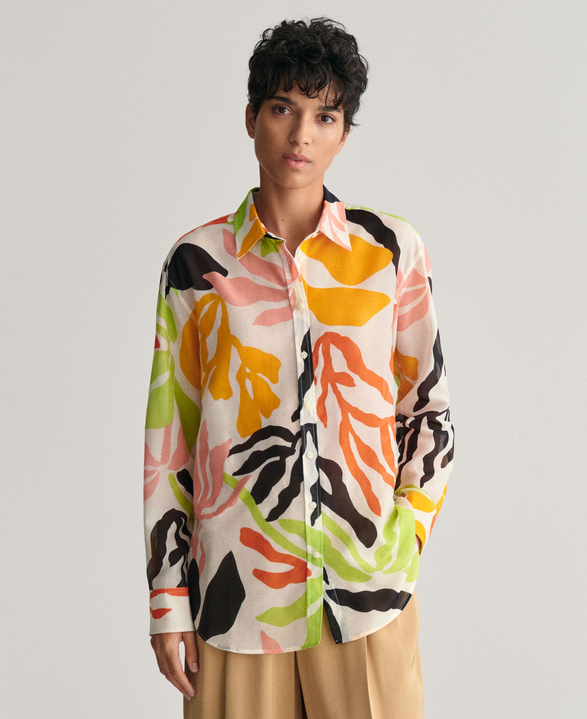 Relaxed Fit Palm Print Cotton Silk Shirt - Medal Yellow