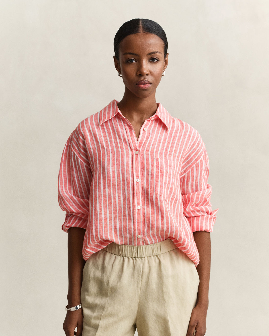 Relaxed Fit Striped Linen Shirt - Perfect Red
