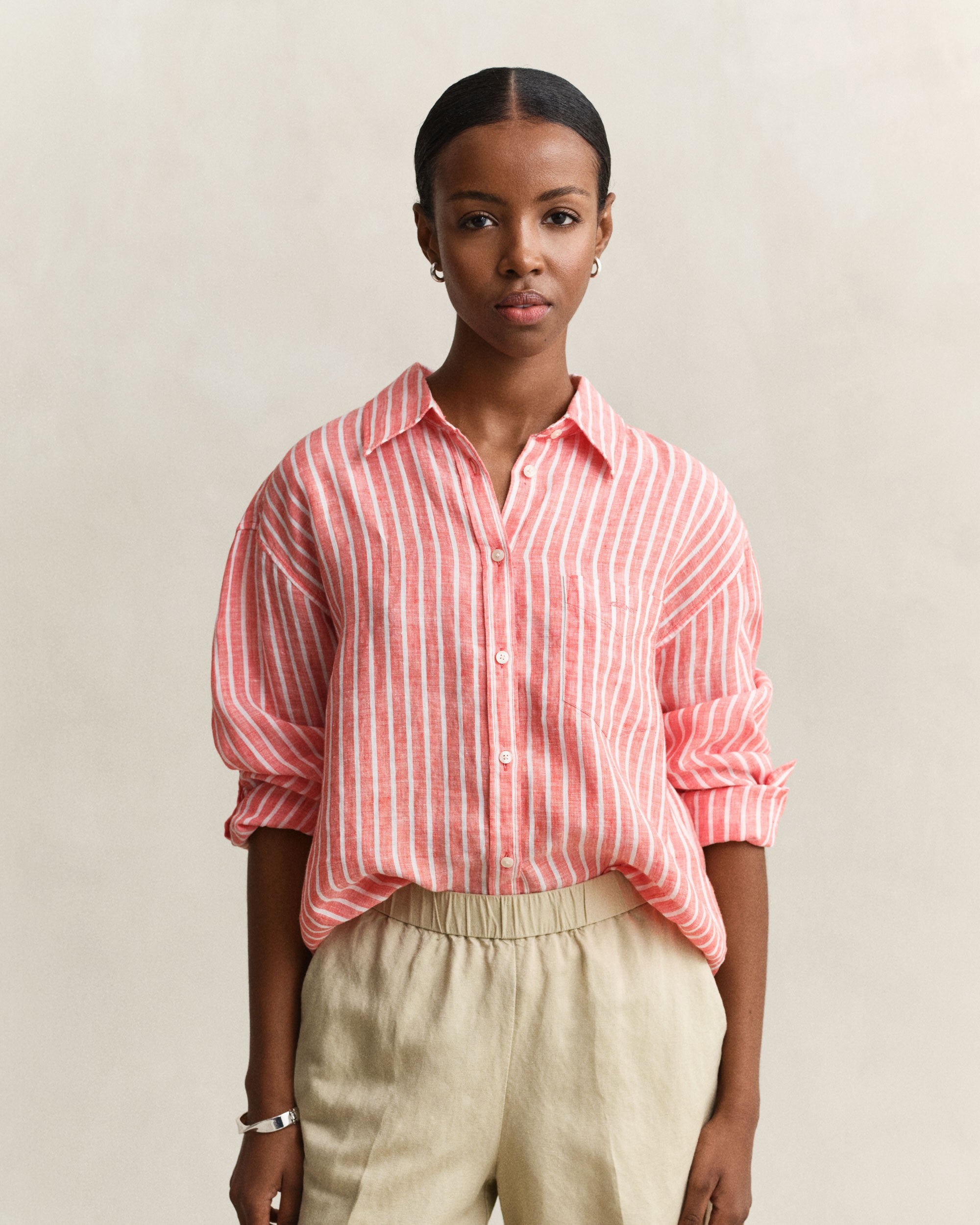 Relaxed Fit Striped Linen Shirt - Perfect Red