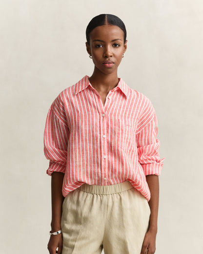 Relaxed Fit Striped Linen Shirt - Perfect Red