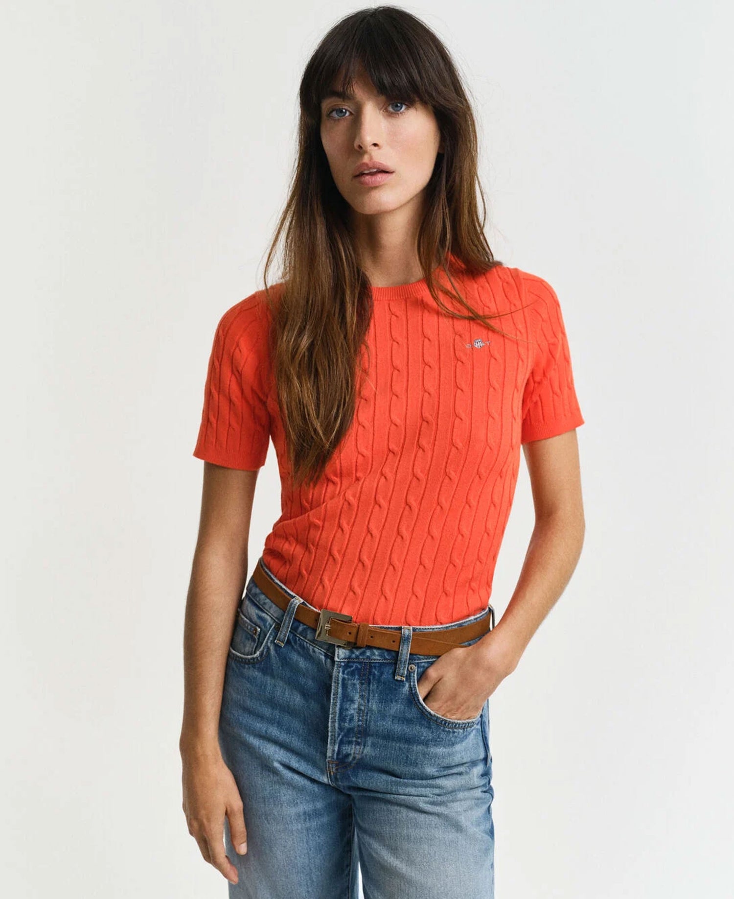 Stretch Cotton Cable Knit Sweater - Orange Red