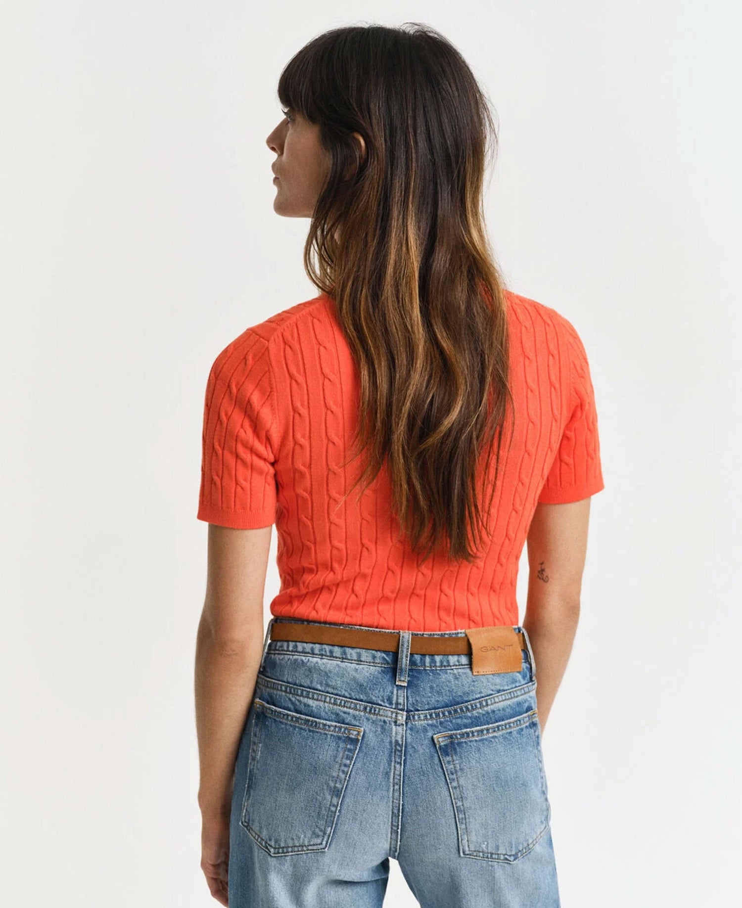 Stretch Cotton Cable Knit Sweater - Orange Red