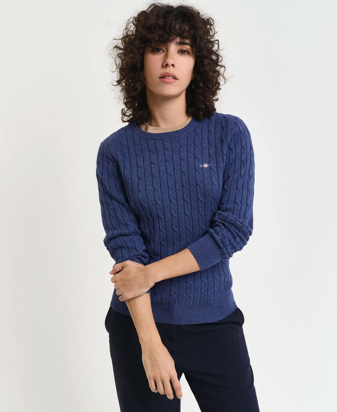 Stretch Cotton Cable Crew Neck Jumper - Dusty Navy