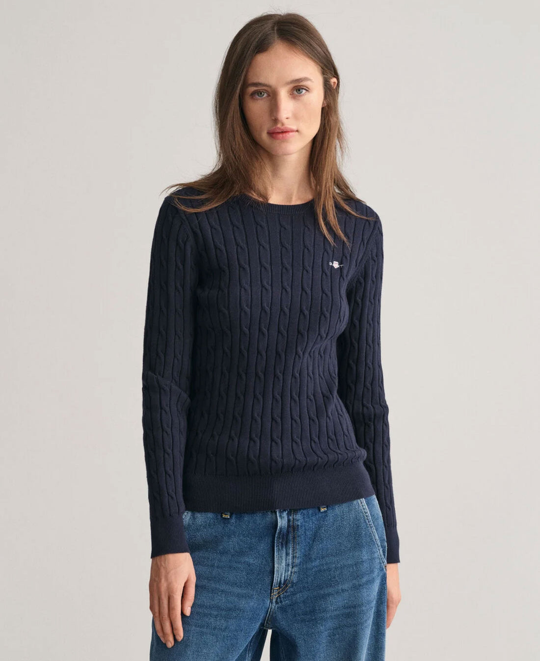 Stretch Cotton Cable Crew Neck Jumper - Evening Blue