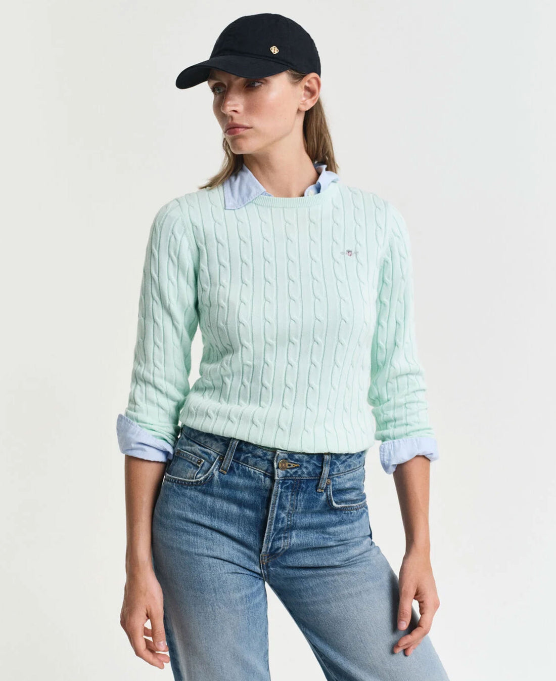 Stretch Cotton Cable Crew Neck Jumper - Faded Mint