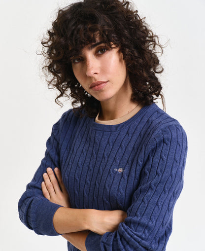 Stretch Cotton Cable Crew Neck Jumper - Dusty Navy