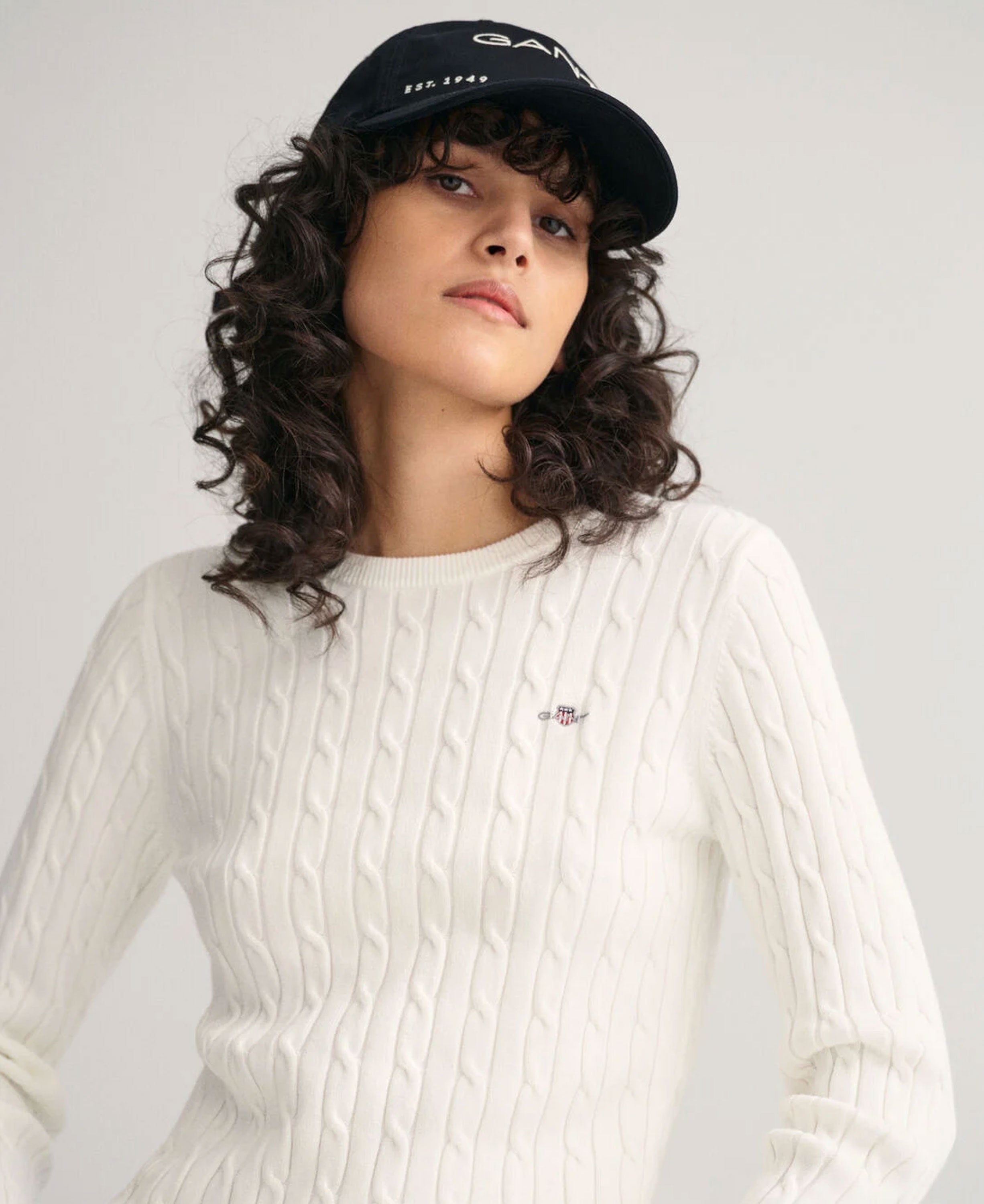 Stretch Cotton Cable Crew Neck Jumper - Eggshell