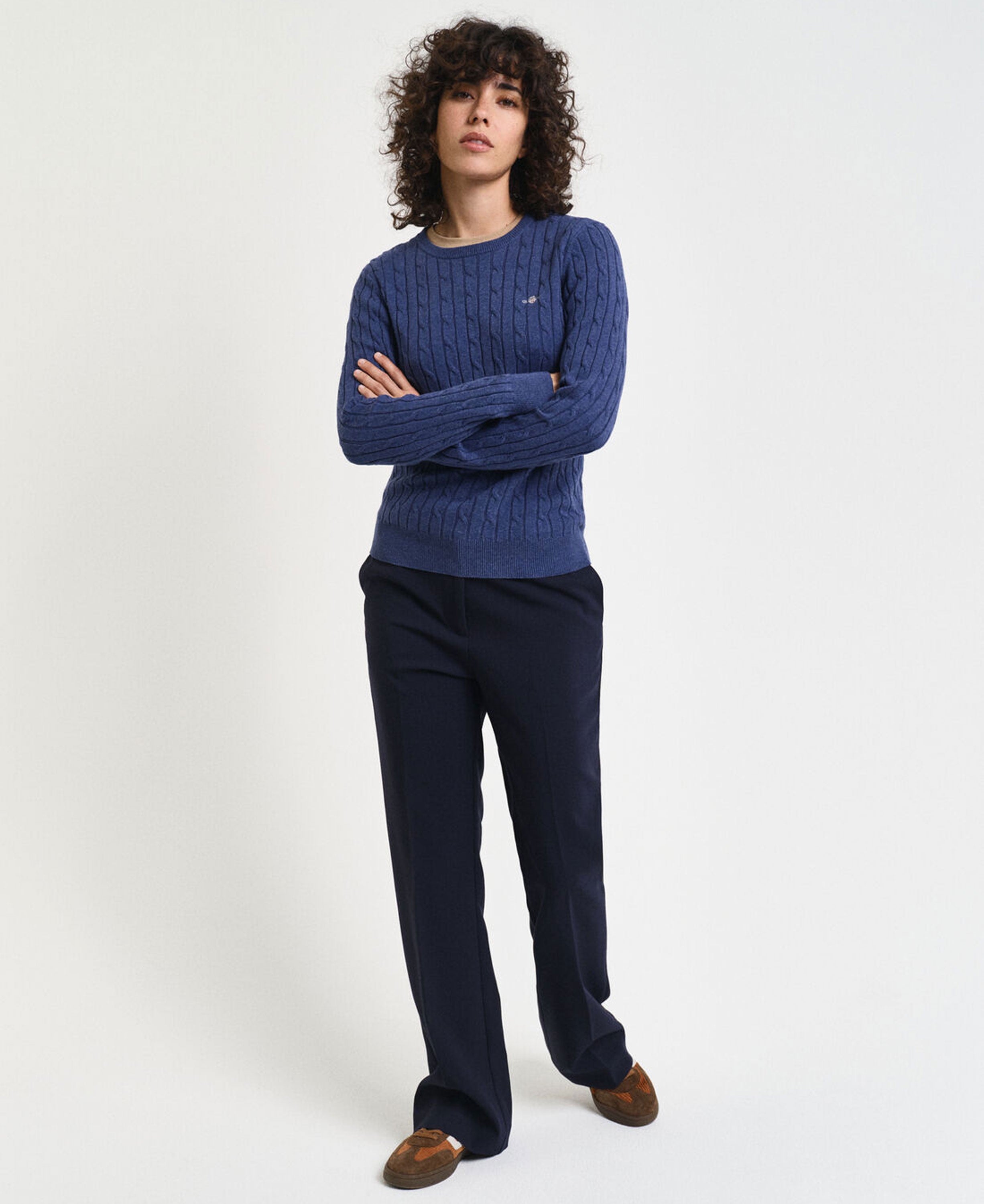 Stretch Cotton Cable Crew Neck Jumper - Dusty Navy