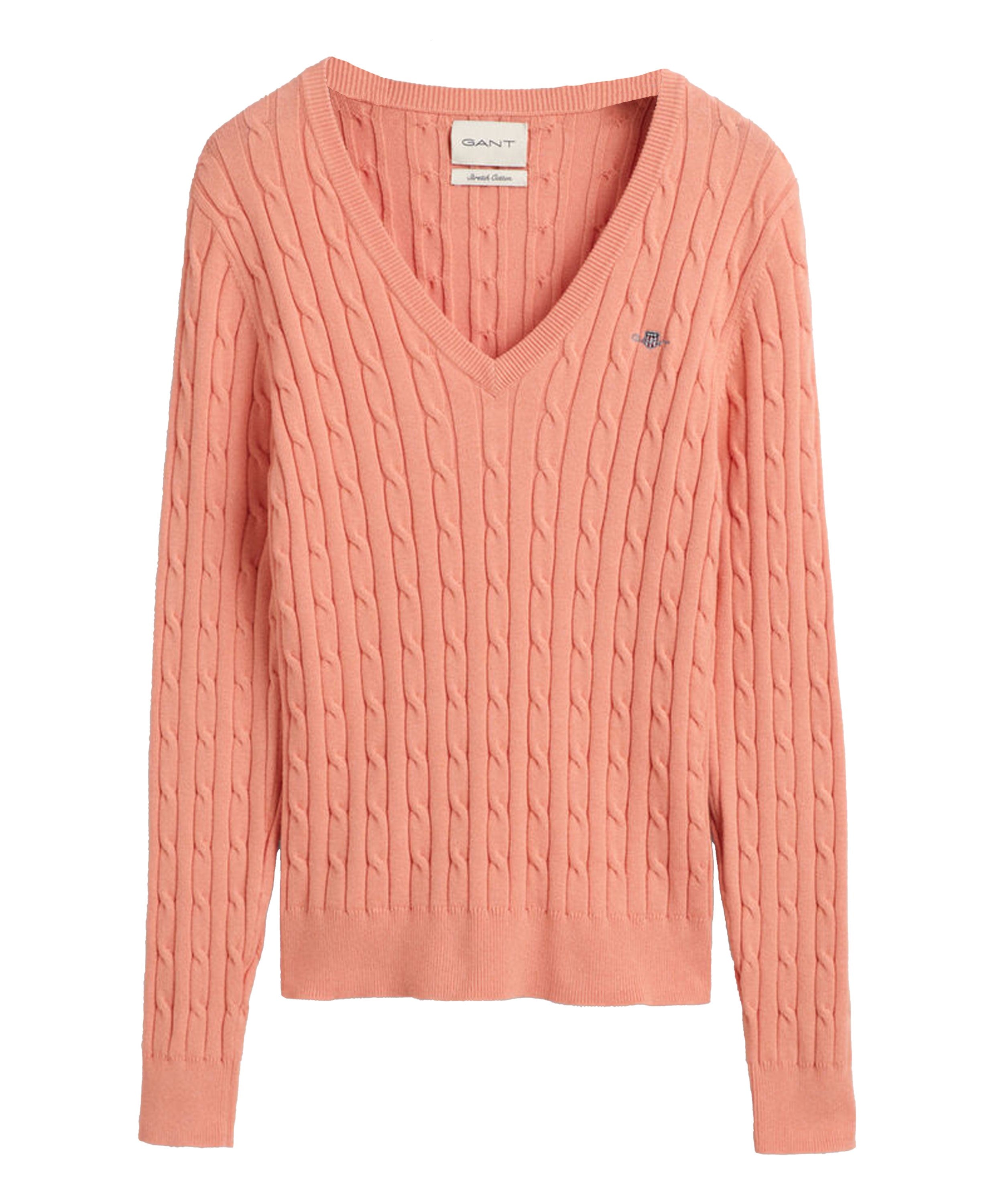Stretch Cotton Cable V-Neck Sweater - Peachy Pink