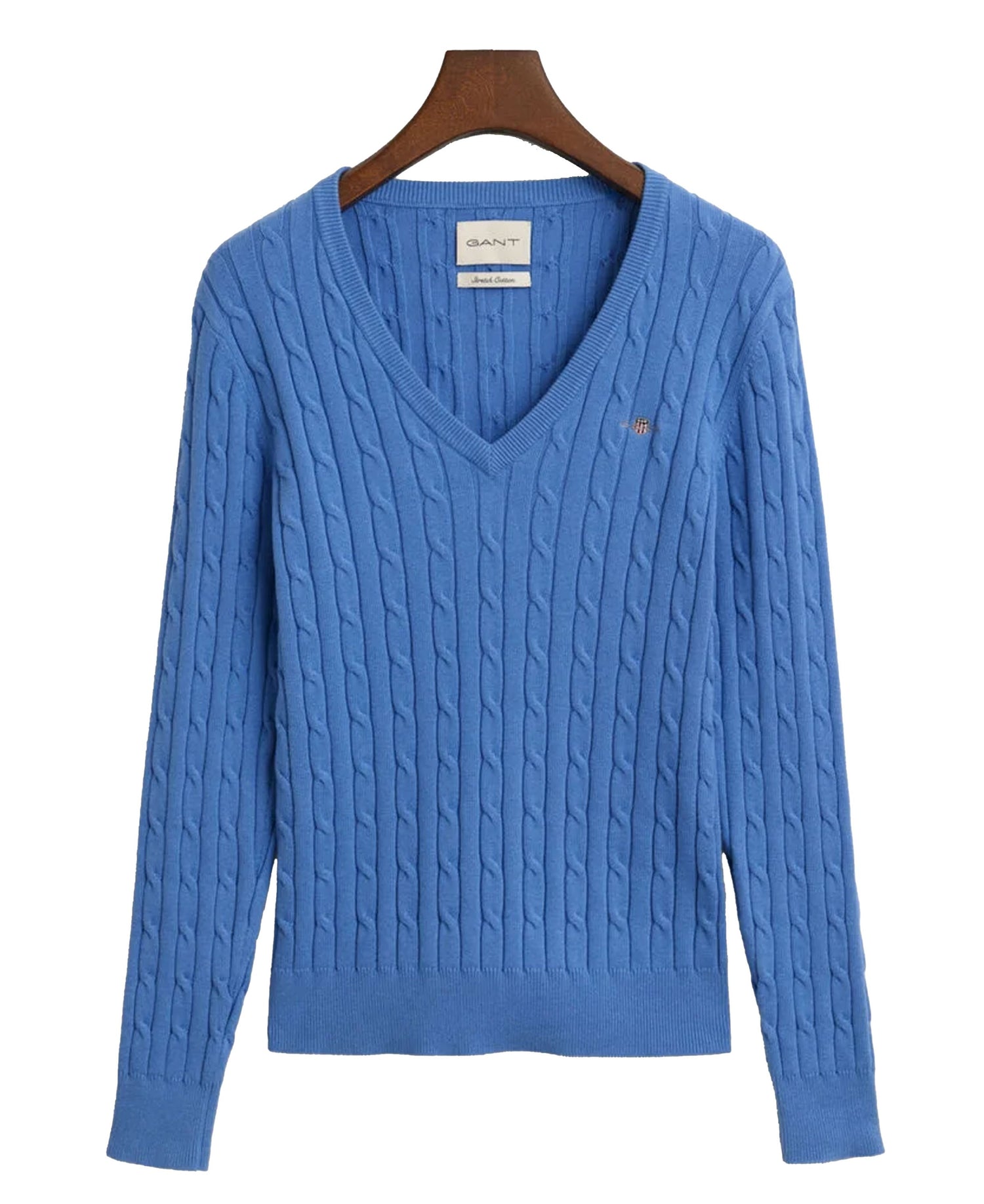 Stretch Cotton Cable V-Neck Sweater - Perfect Blue