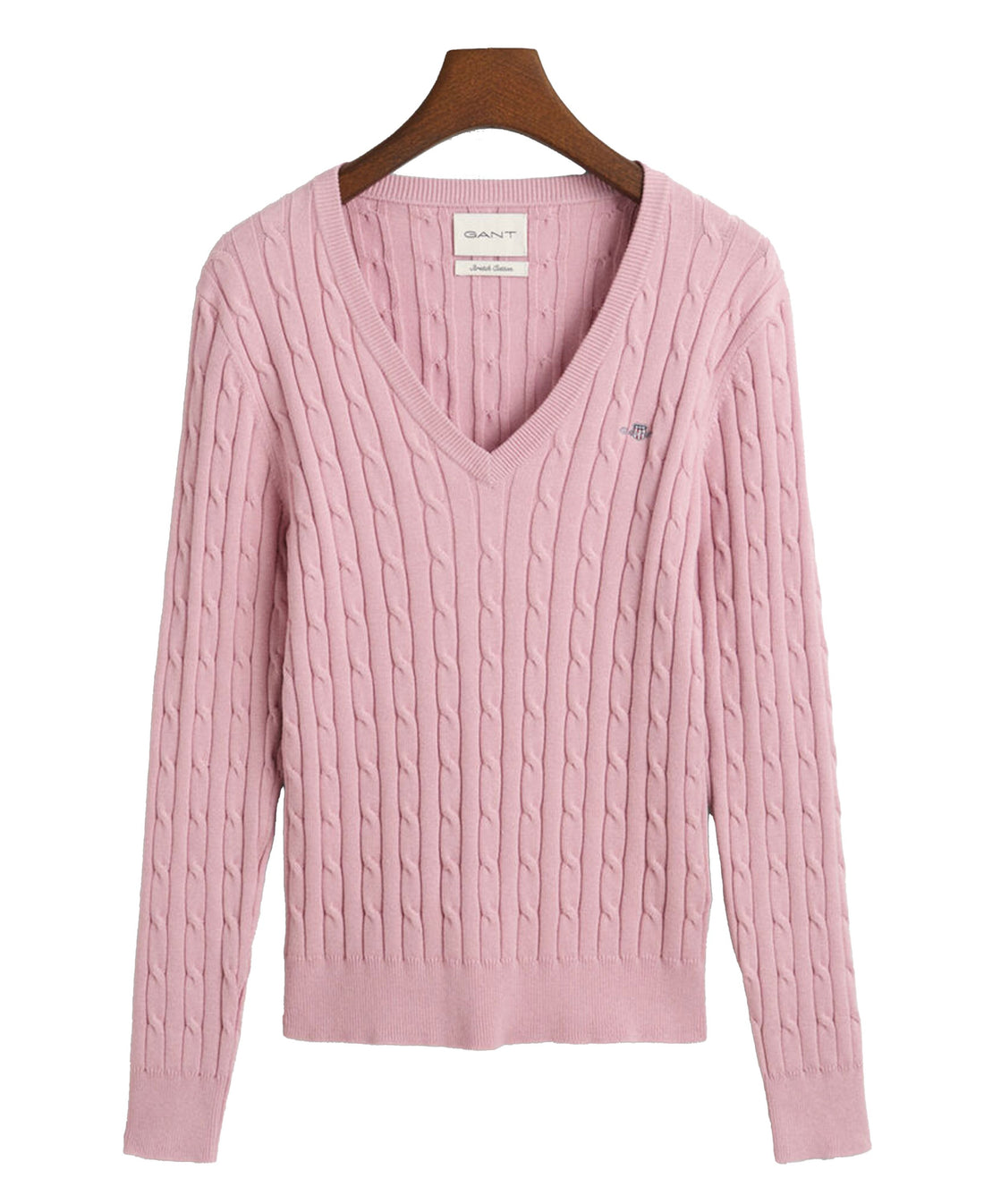 Stretch Cotton Cable V-Neck Sweater - Dusty Pink