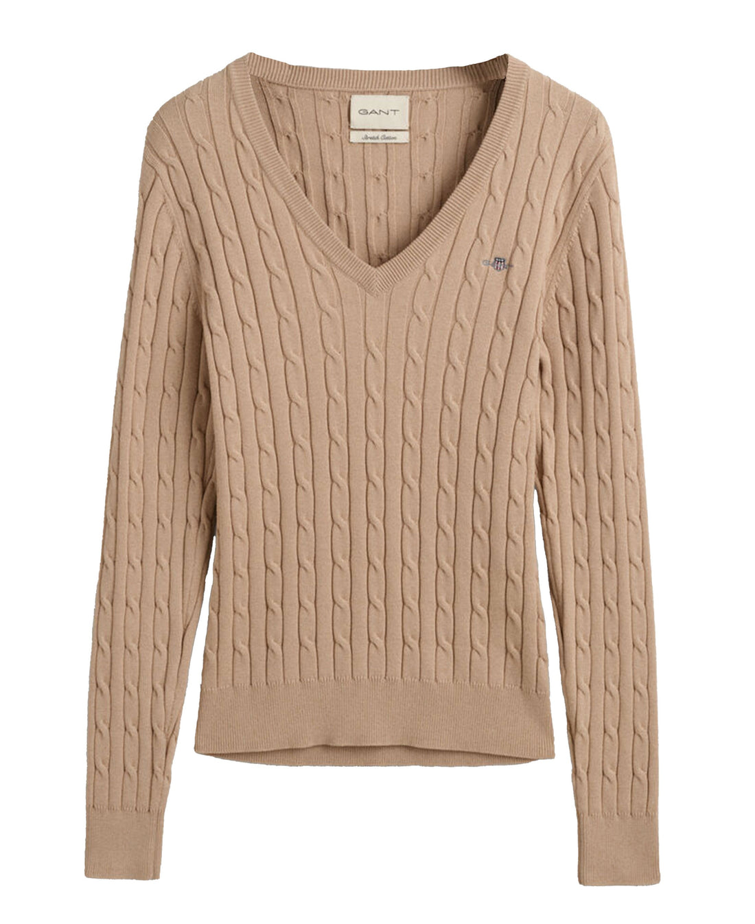 Stretch Cotton Cable V-Neck Sweater - Dry Sand
