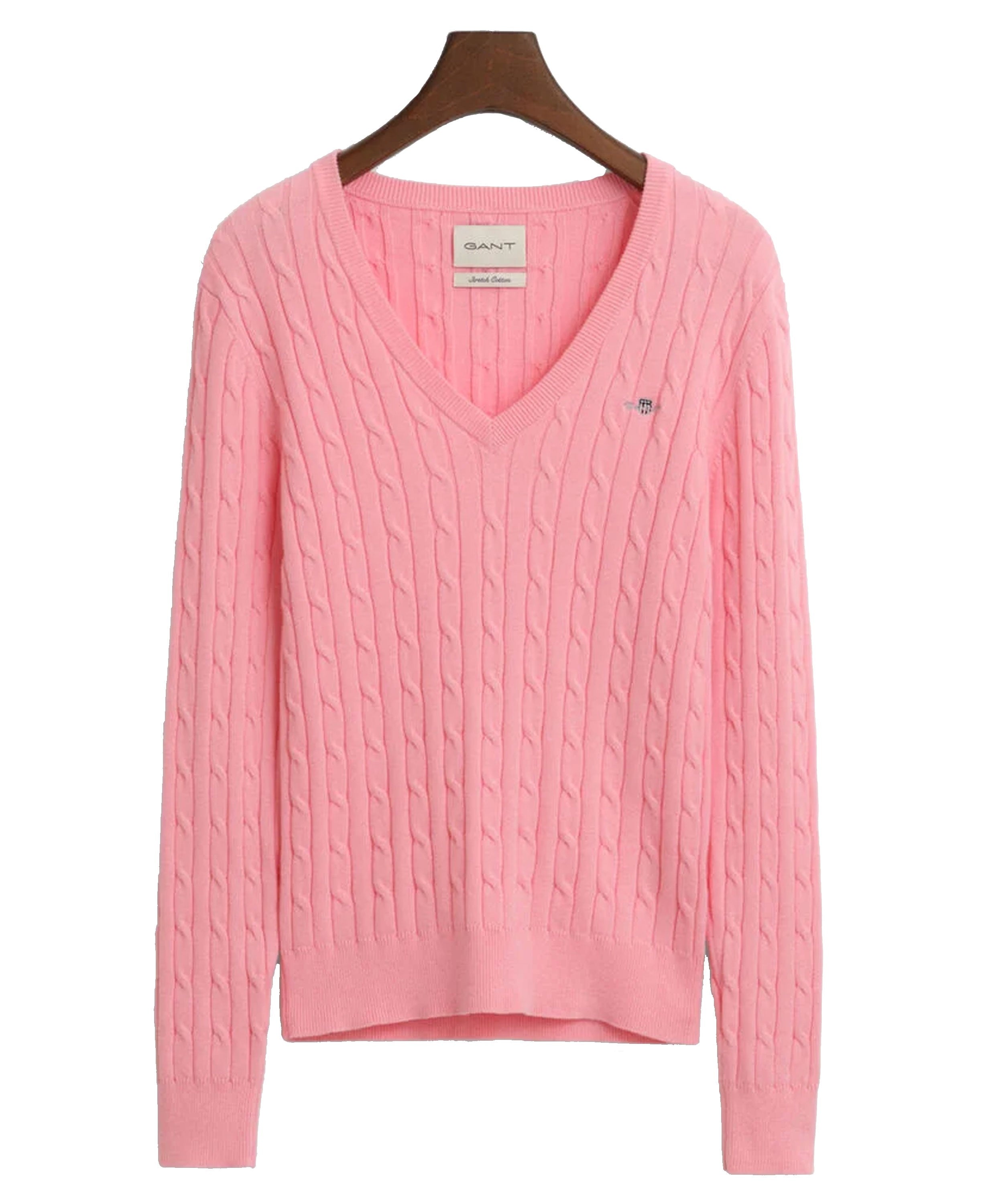 Stretch Cotton Cable V-Neck Sweater - Geranium Pink