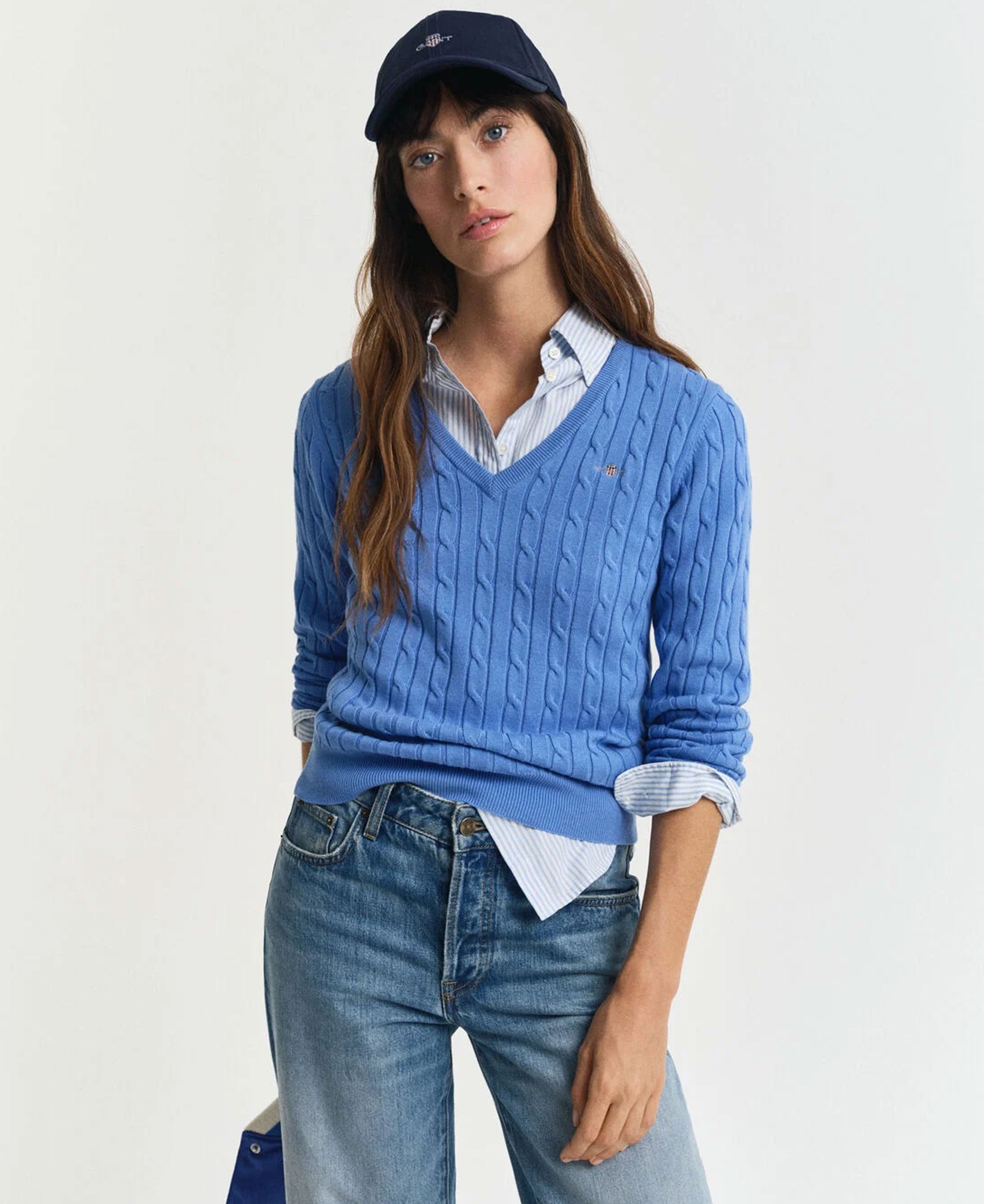 Stretch Cotton Cable V-Neck Sweater - Perfect Blue