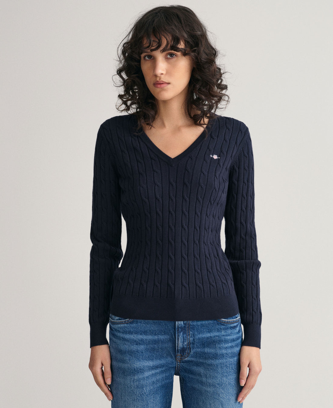 Stretch Cotton Cable V-Neck Sweater - Evening Blue