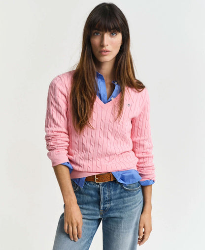 Stretch Cotton Cable V-Neck Sweater - Geranium Pink