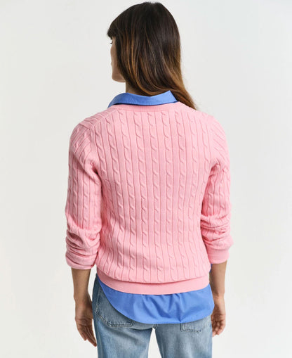 Stretch Cotton Cable V-Neck Sweater - Geranium Pink