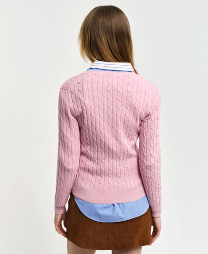 Stretch Cotton Cable V-Neck Sweater - Dusty Pink