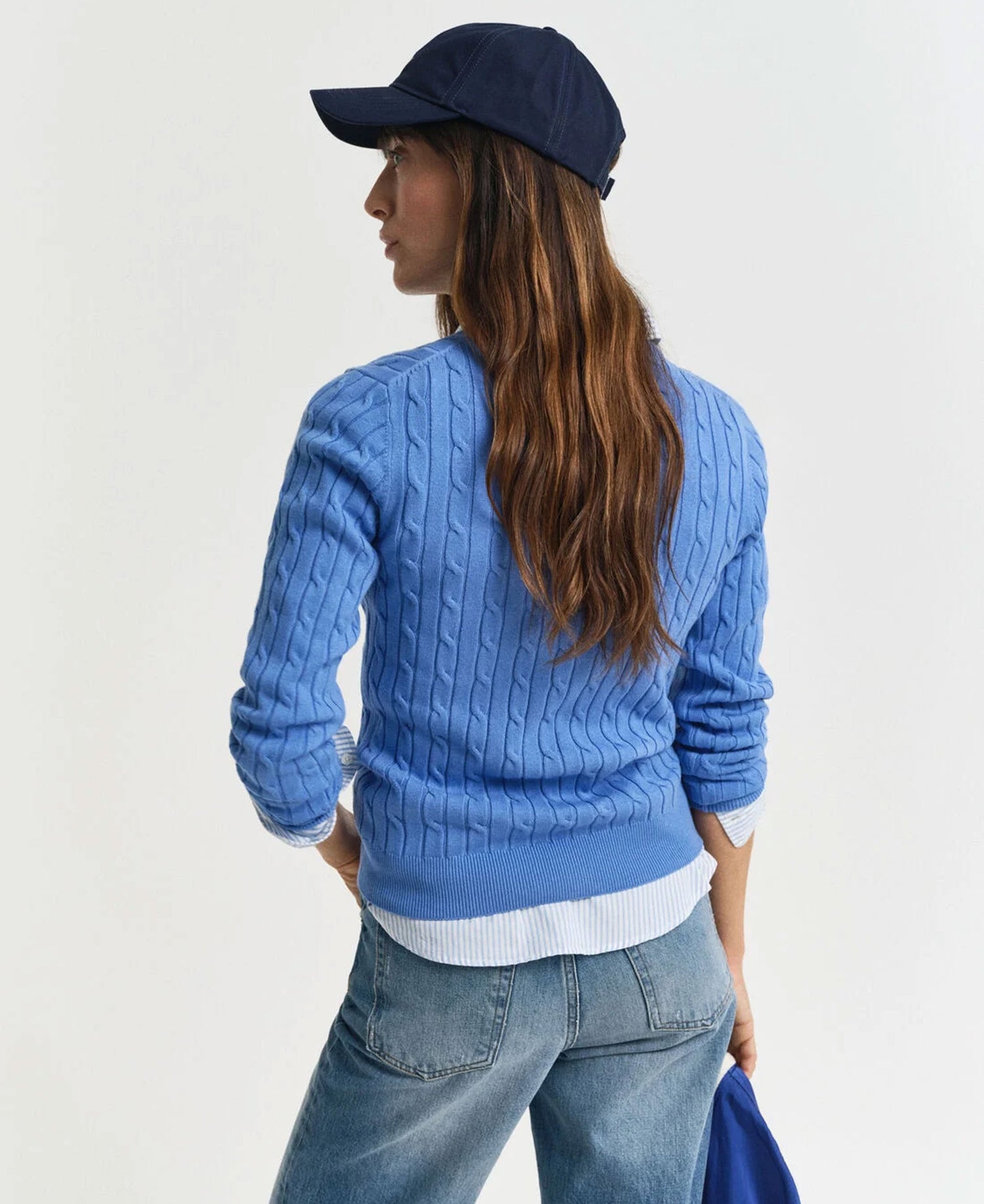 Stretch Cotton Cable V-Neck Sweater - Perfect Blue