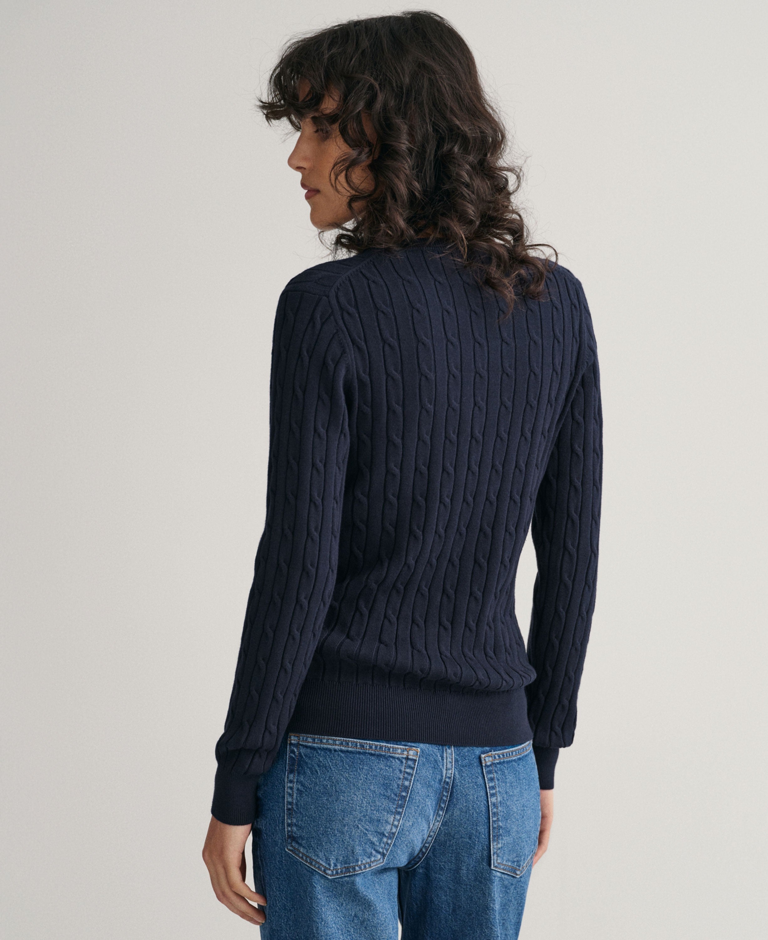 Stretch Cotton Cable V-Neck Sweater - Evening Blue