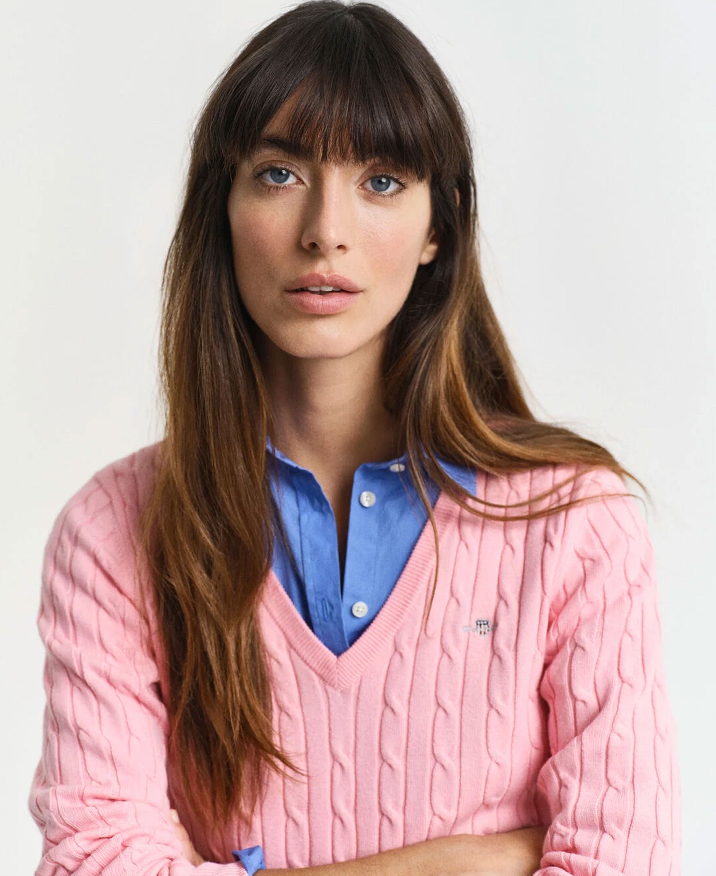 Stretch Cotton Cable V-Neck Sweater - Geranium Pink