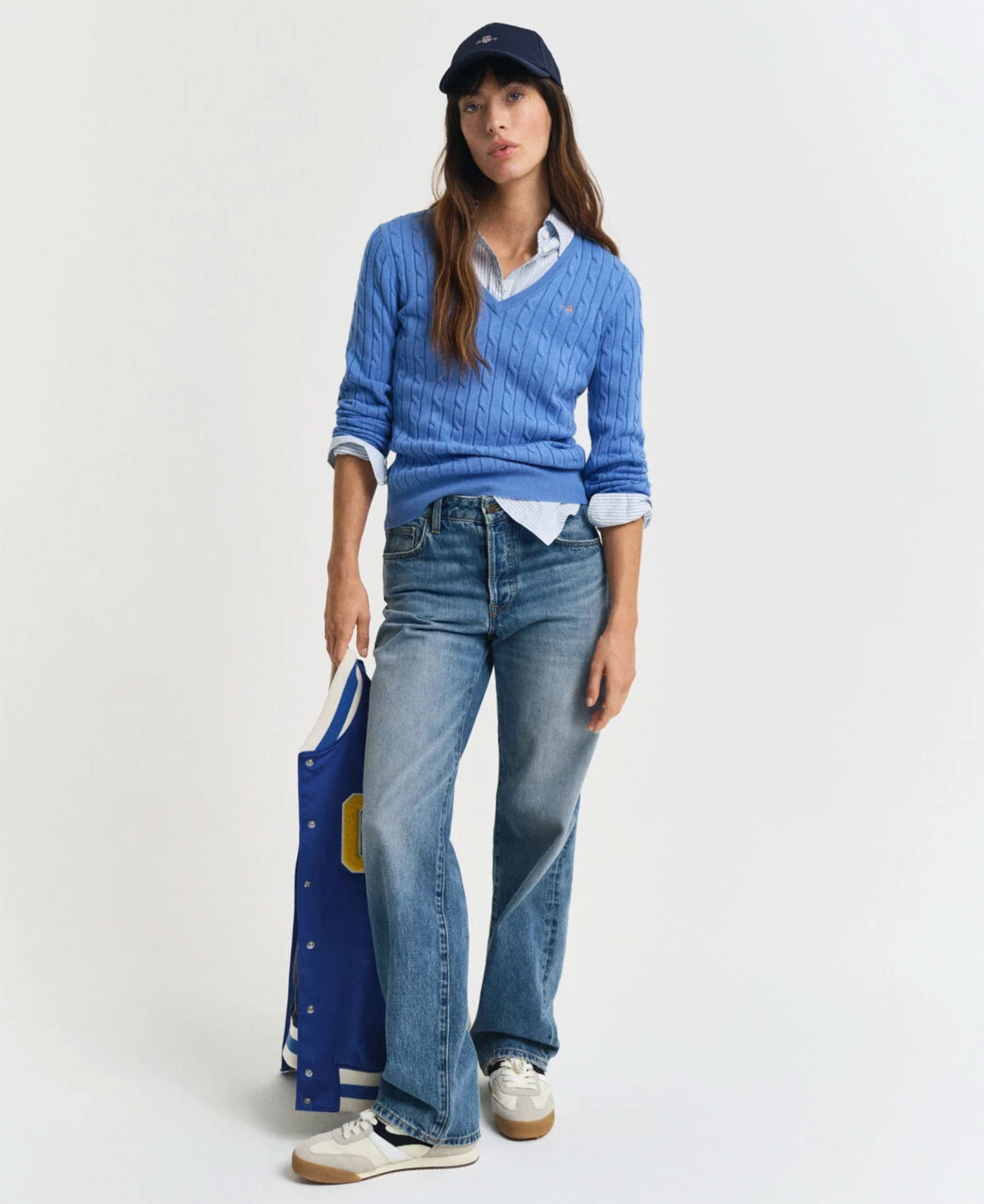 Stretch Cotton Cable V-Neck Sweater - Perfect Blue