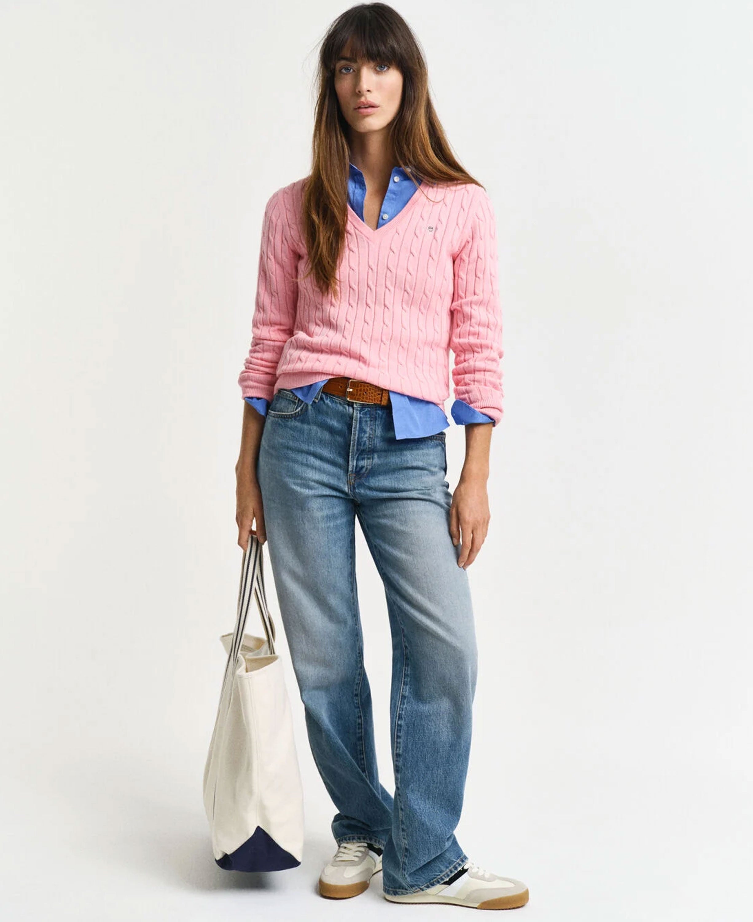 Stretch Cotton Cable V-Neck Sweater - Geranium Pink