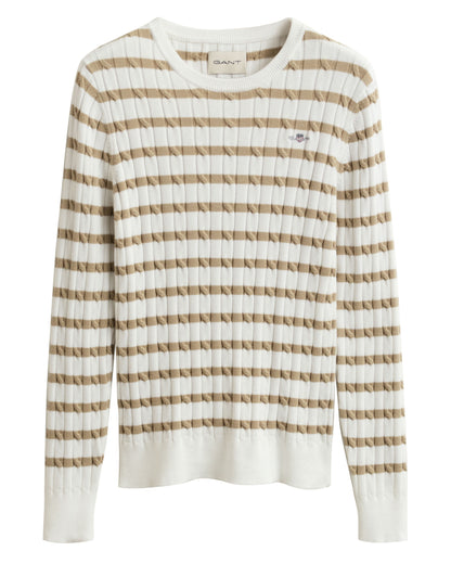 Stretch Cotton Cable Stripe Crew Neck Sweater - Oat Beige