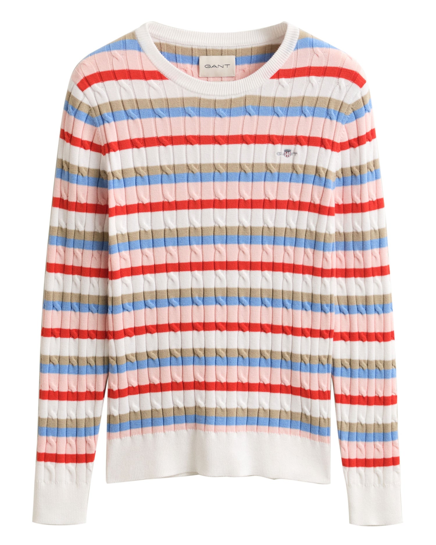 Stretch Cotton Cable Stripe Crew Neck Sweater - Multicolor
