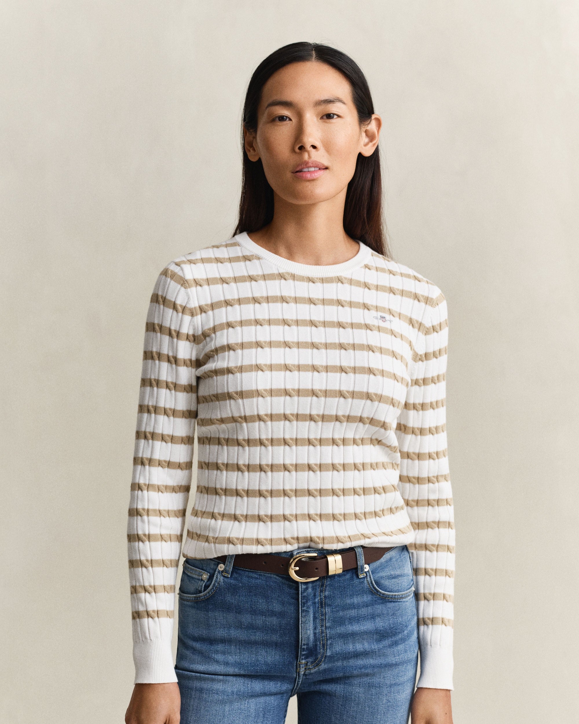 Stretch Cotton Cable Stripe Crew Neck Sweater - Oat Beige