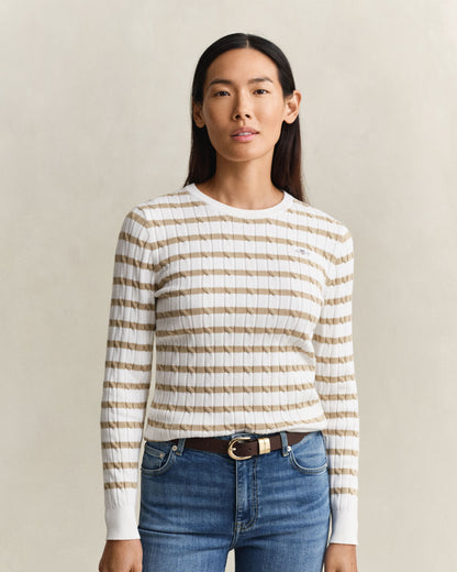 Stretch Cotton Cable Stripe Crew Neck Sweater - Oat Beige