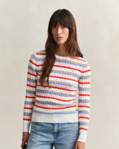 Stretch Cotton Cable Stripe Crew Neck Sweater - Multicolor