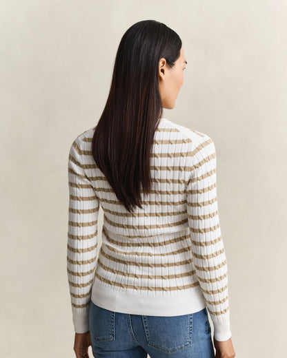Stretch Cotton Cable Stripe Crew Neck Sweater - Oat Beige