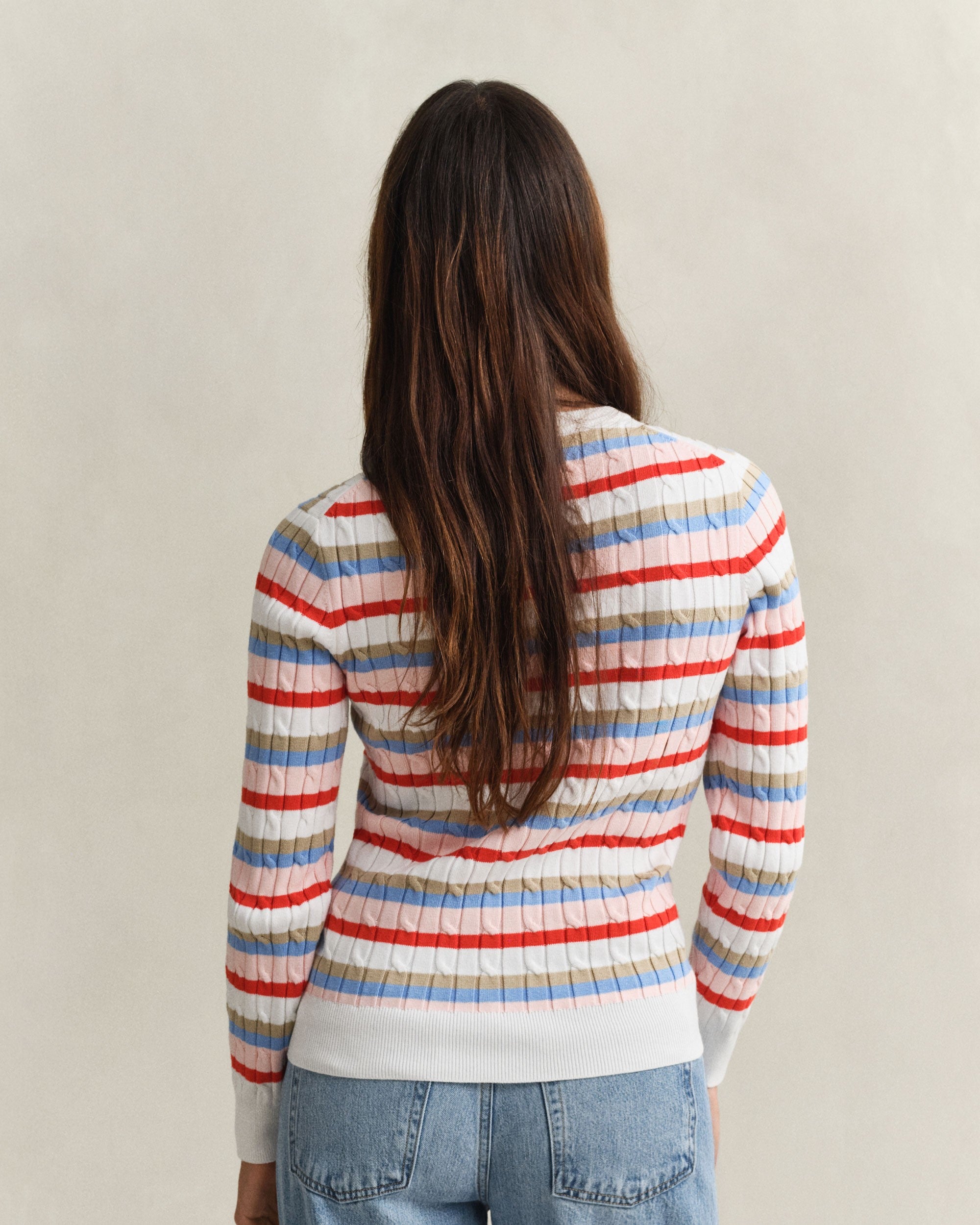 Stretch Cotton Cable Stripe Crew Neck Sweater - Multicolor